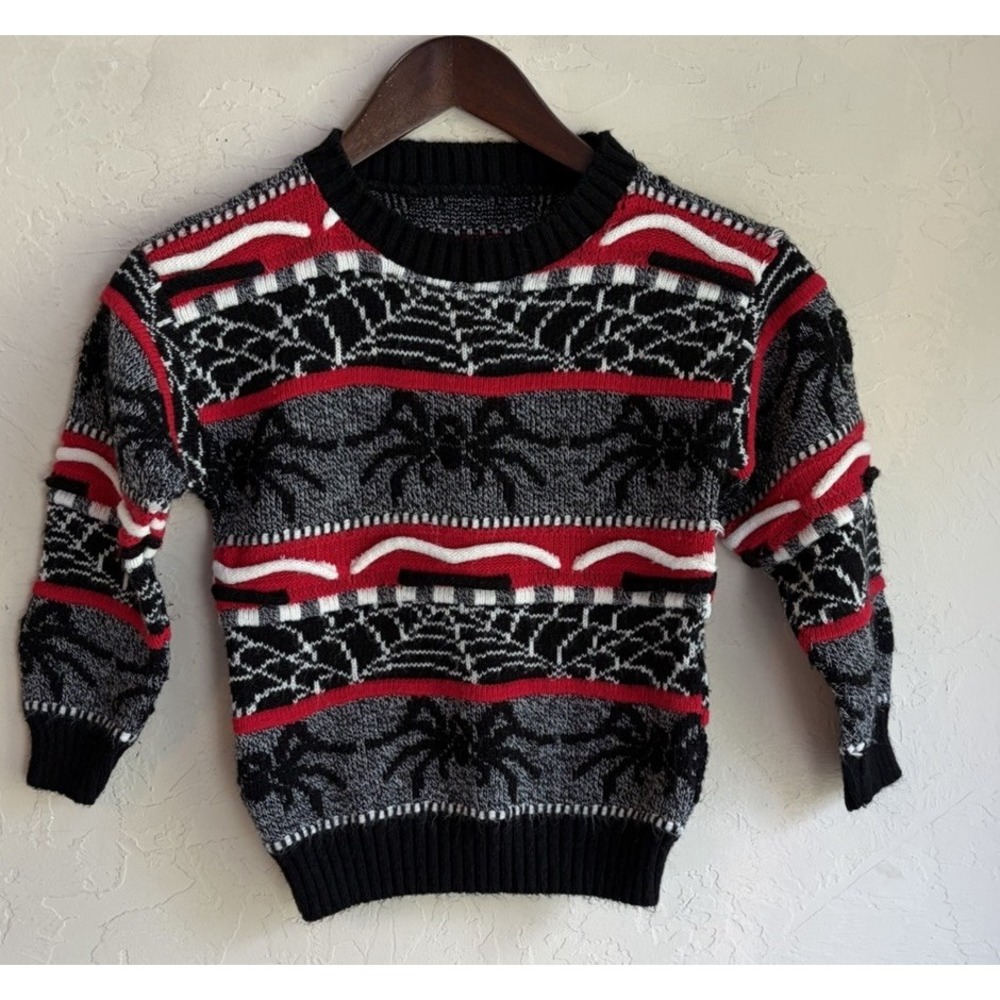 Vintage 80s 90s Kids Novelty Halloween Pullover Sweater S M Spider 3D Knit Web